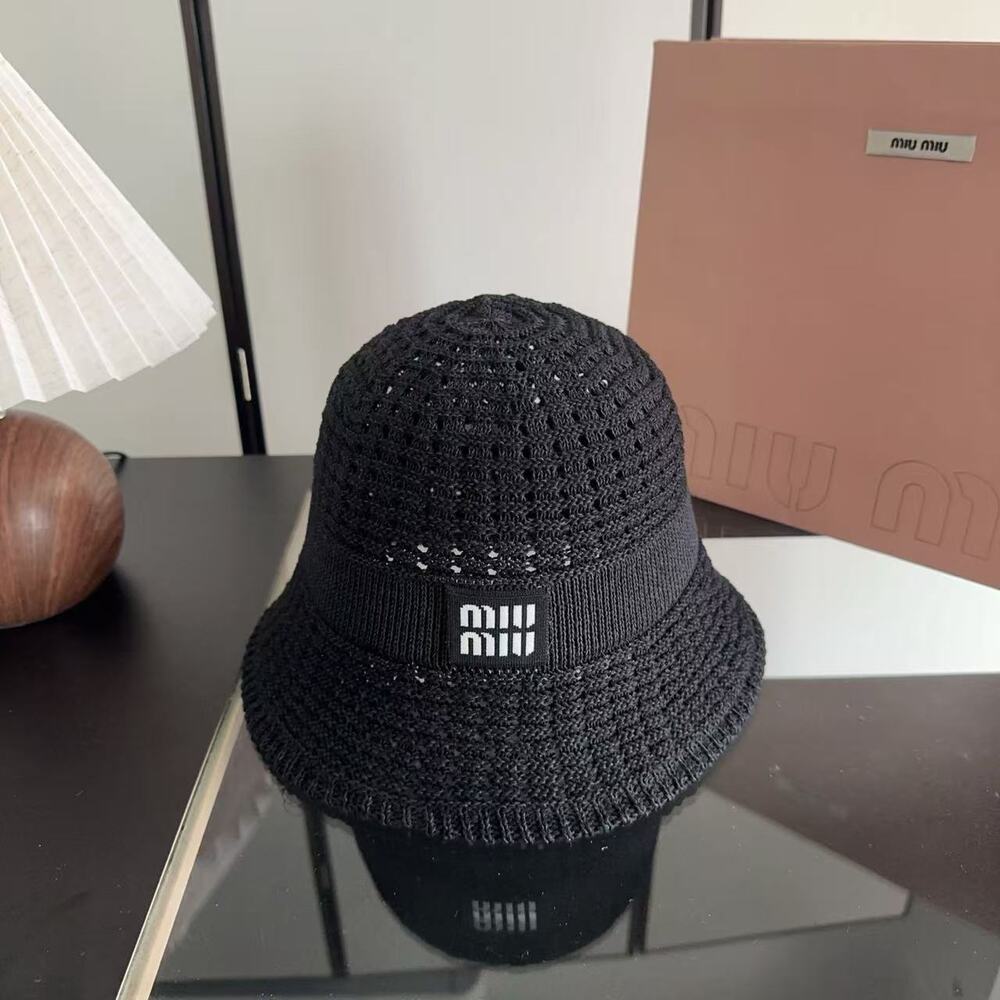 MIU MIU Black Knit Bucket Hat with Logo Band